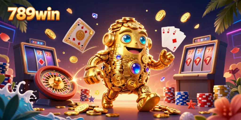 Experience 789win's excitement with a stunning 3D golden golem surrounded by casino elements and dynamic energy.