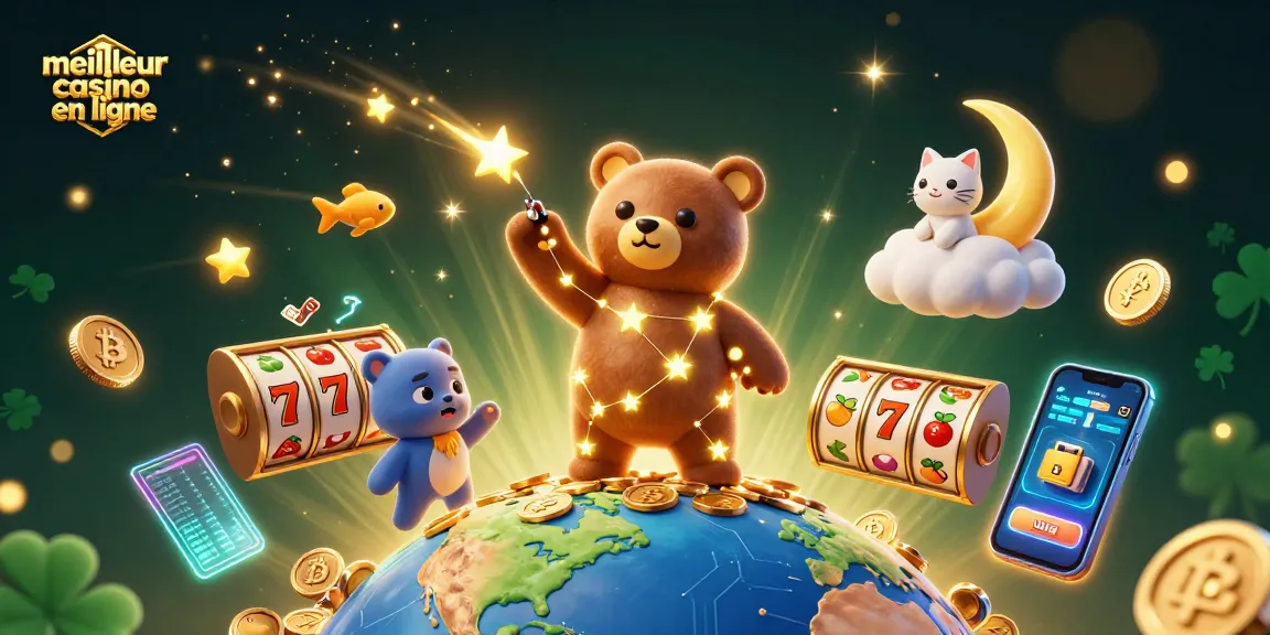 Découvrez les illustrations captivantes du meilleur casino en ligne avec des étoiles dorées et des symboles de jackpots.