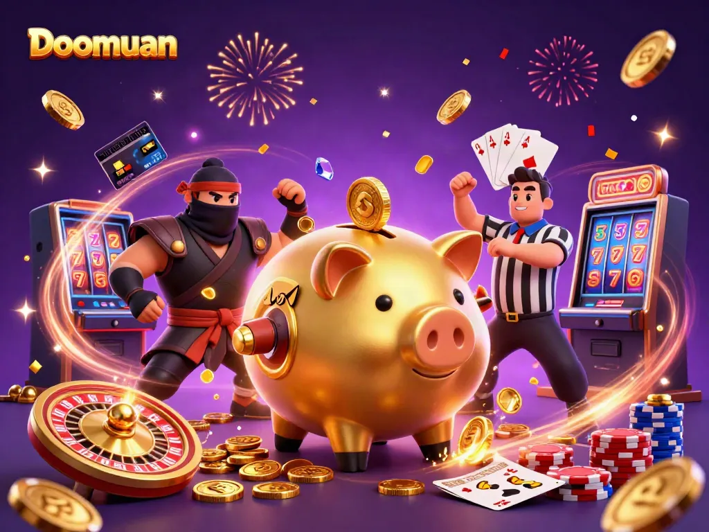 Doomuan features an energetic scene with a golden piggy bank sumo wrestler amidst flying coins and dynamic gaming elements.