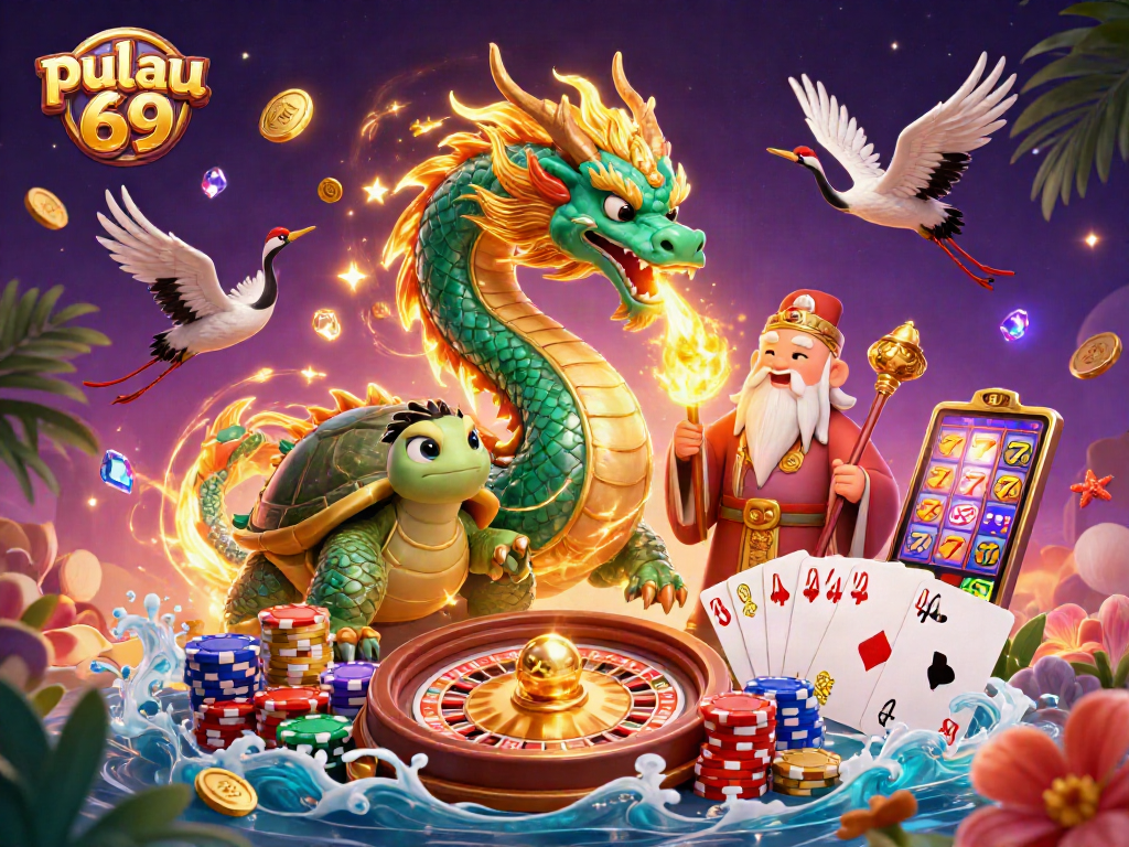 Experience pulau 69's thrilling gameplay with an enchanting digital casino scene featuring dragons and cranes.