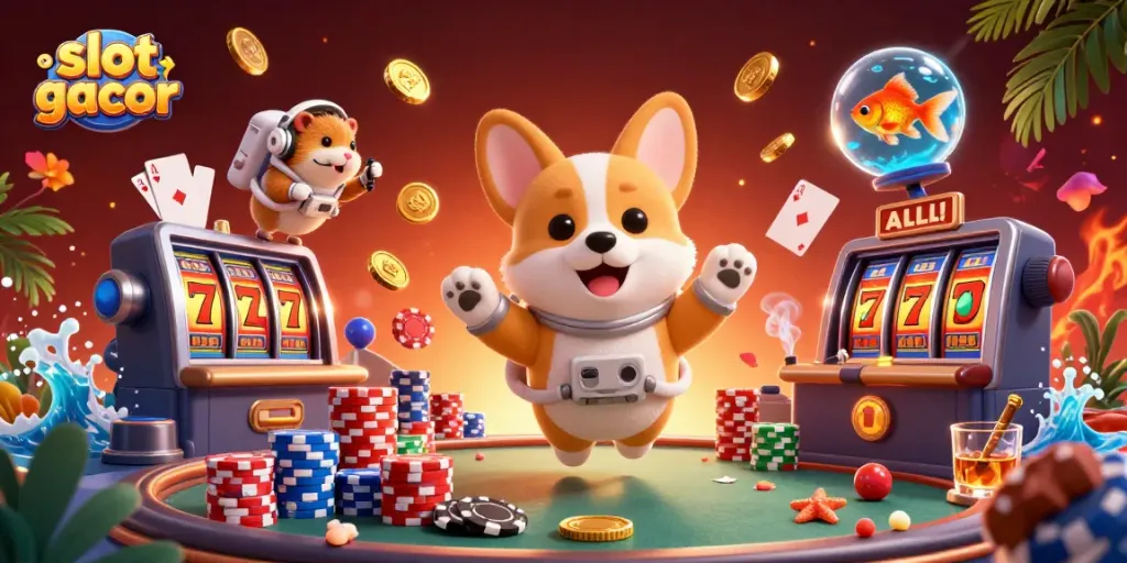 Slot gacor menampilkan corgi astronot mengapung di kasino luar angkasa dengan simbol slot dan koin emas.