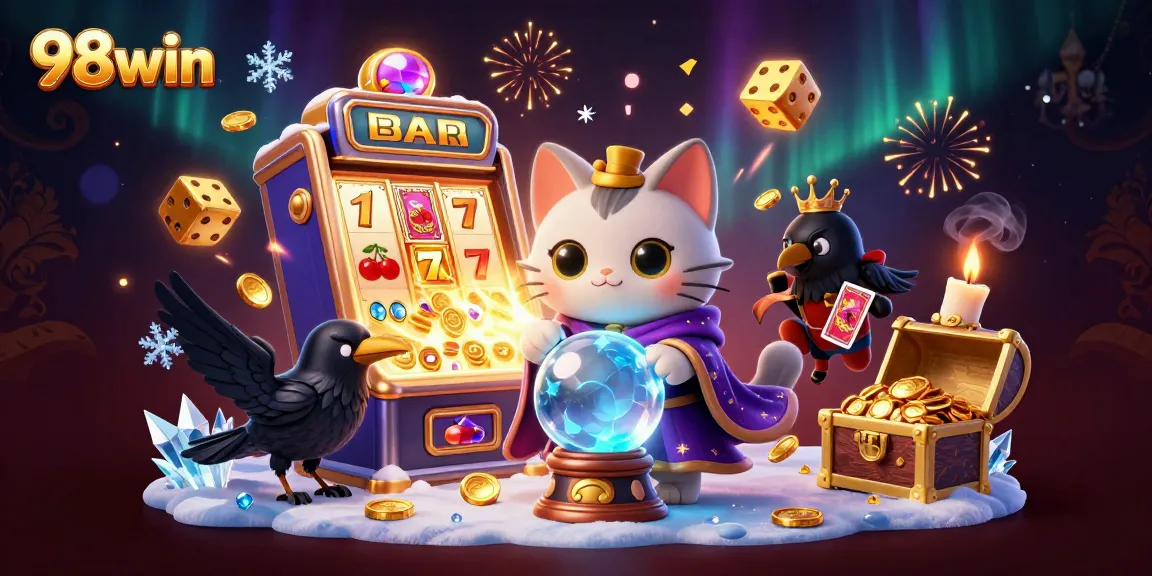 Experience thrills with 98win as a mystic cat and raven unveil jackpot surprises in a vibrant casino