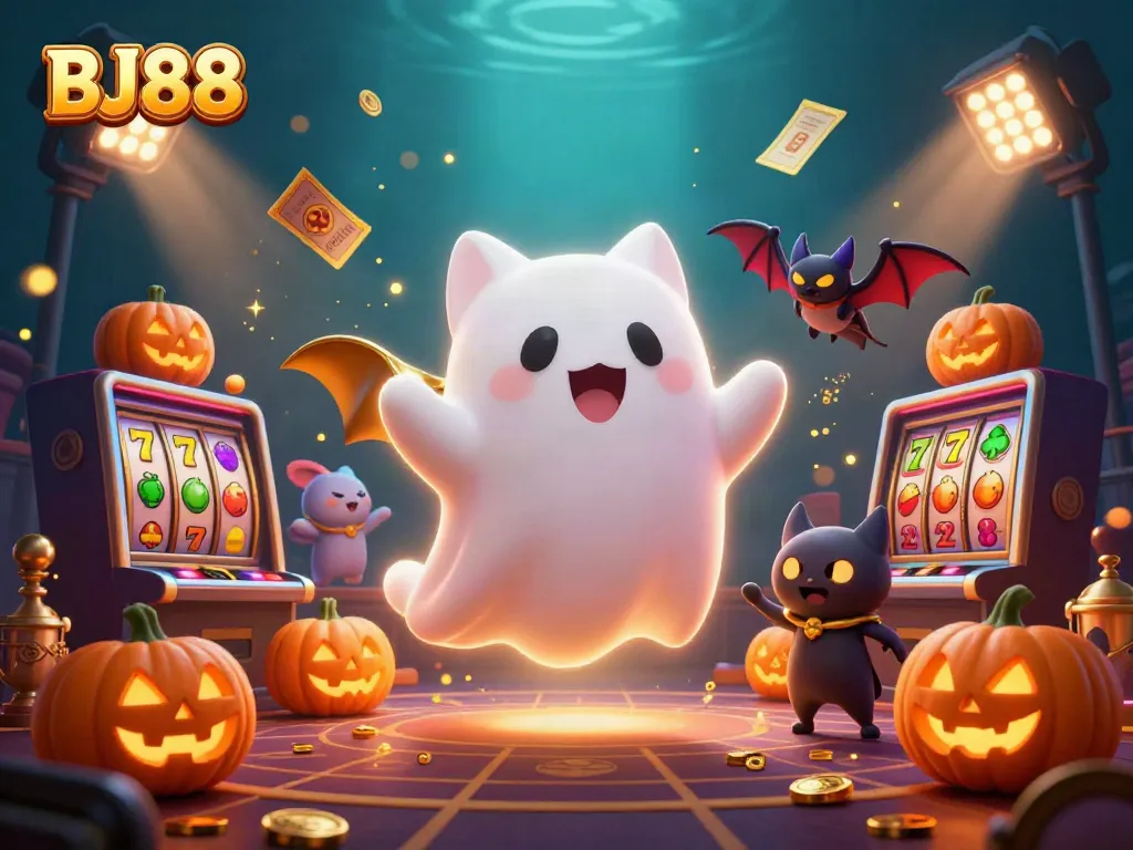 Engage in thrilling betting fun with BJ88's vibrant casino illustration featuring a ghost cat and vampire bat.