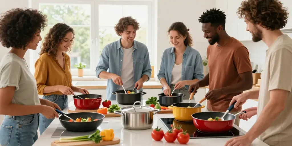 CookWare Price in Bangladesh displayed in a vibrant kitchen showcasing diverse cookware, fresh ingredients, and a collaborative cooking atmosphere.