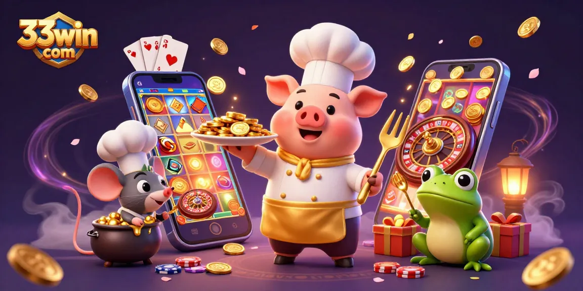 Experience thrilling gameplay at 33win com with a lively chef pig serving gold coins.