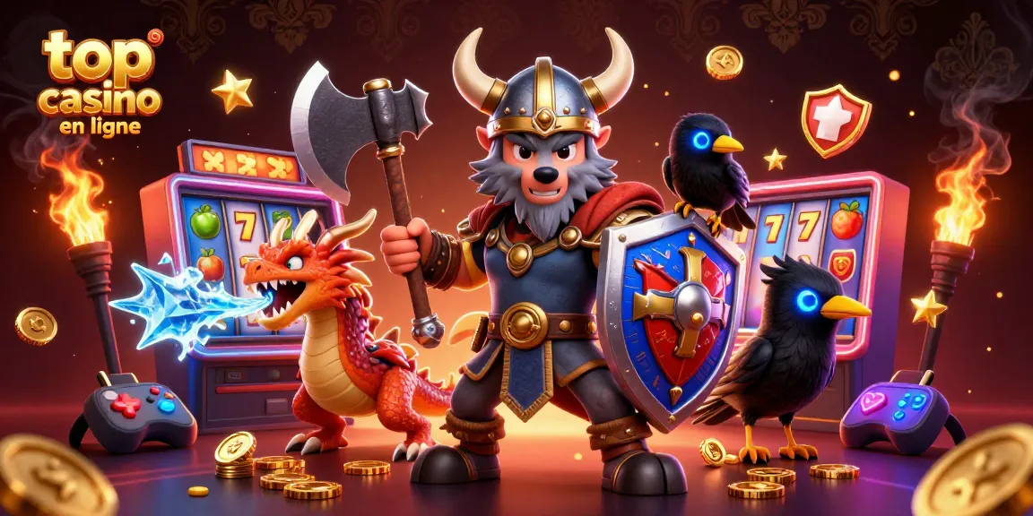 Lancez-vous dans l'aventure des meilleurs casinos en ligne avec un loup viking, un dragon, et des machines à sous colorées.