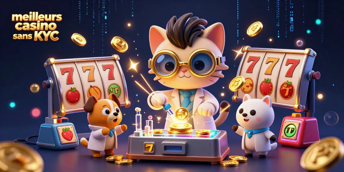Découvrez les meilleurs casinos sans KYC avec une scène dynamique et festive remplie de symboles de machines à sous.