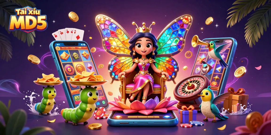 Tài xỉu MD5 vibrant scene featuring a colorful butterfly queen, gaming elements like a smartphone, chips, and playing cards amidst a casino atmosphere.