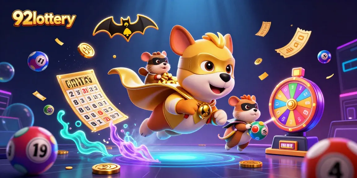 Engage with 92lottery as superhero dog and sidekick hamster fly amidst colorful lottery elements.
