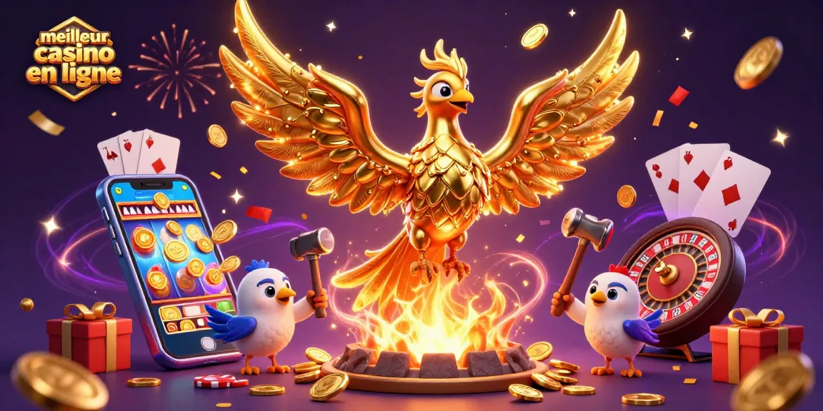 Découvrez le meilleur casino en ligne avec un phénix doré, smartphone et jackpot scintillant.