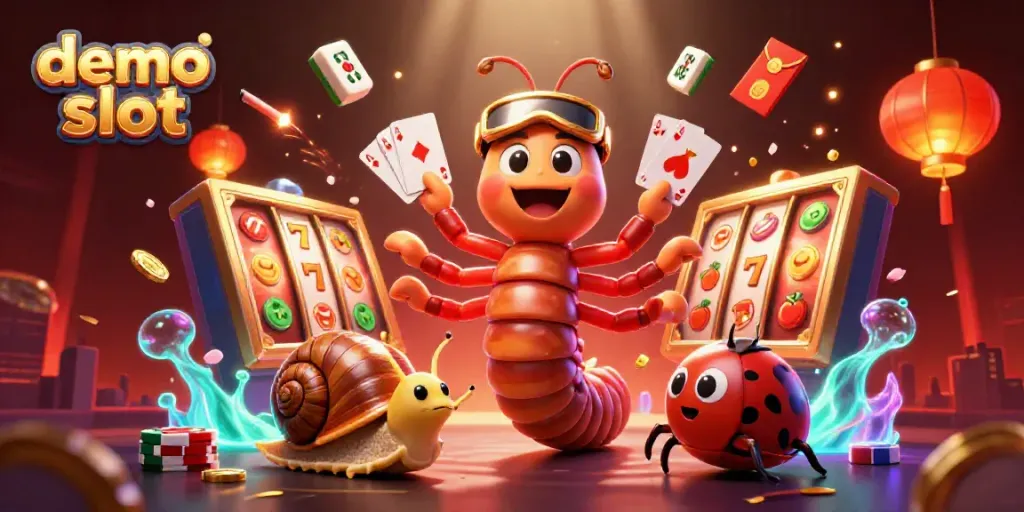 Slot demo yang penuh aksi dengan dealer kartun dan berbagai simbol permainan mengelilinginya.