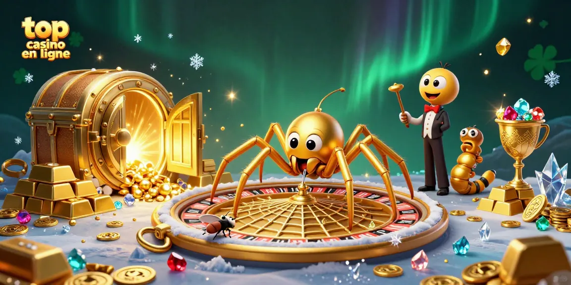 Bettez au top casino en ligne avec une scène 3D captivante d'araignées et de croupiers.