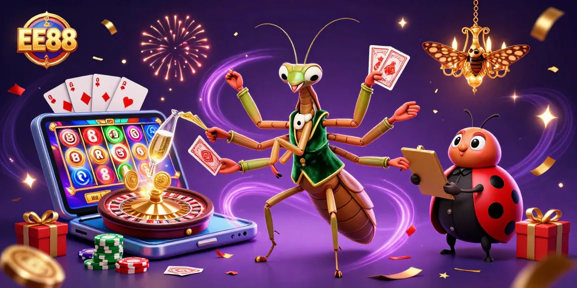 EE88 showcases a lively casino scene with a giant mantis and ladybug, illustrating vibrant gambling action.