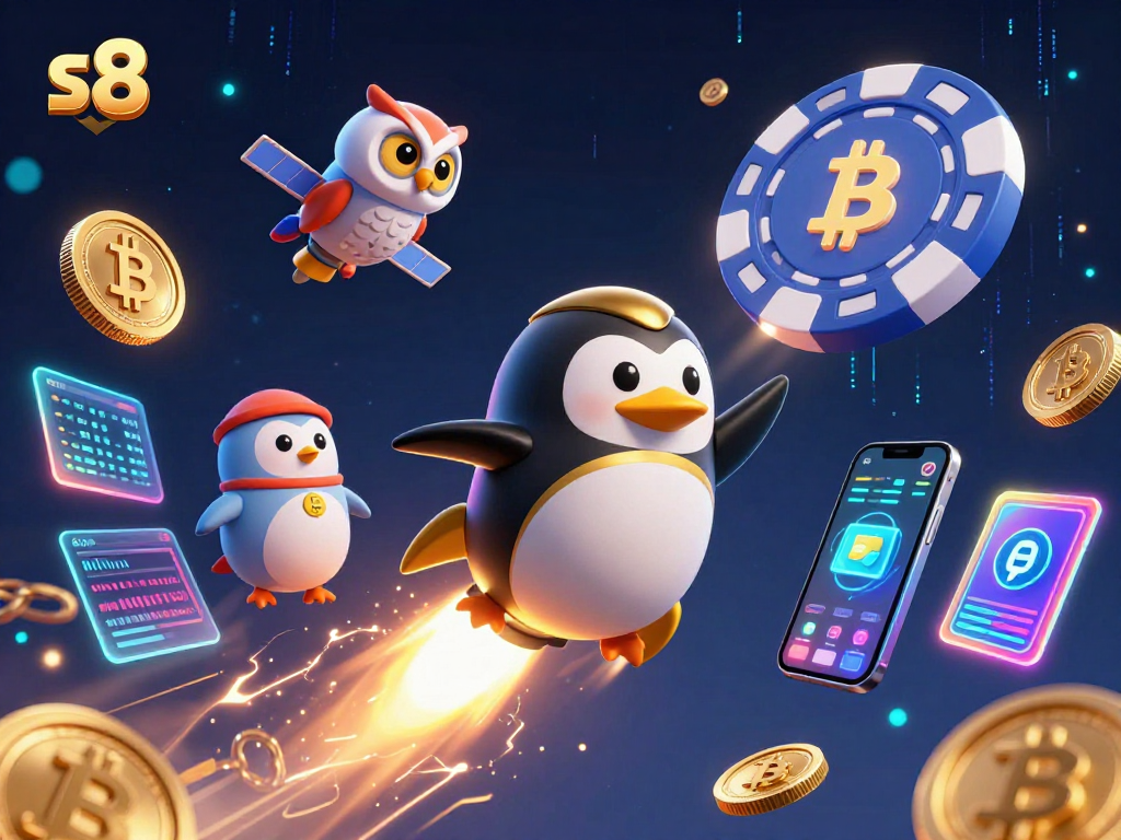 Experience thrilling gameplay at s8 with a rocket-powered penguin amidst vibrant casino elements.