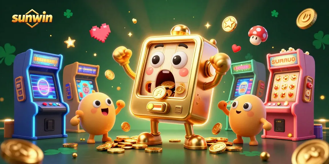 Experience the excitement of sunwin with animated golden slot machines celebrating a jackpot victory, surrounded by vibrant arcade elements.