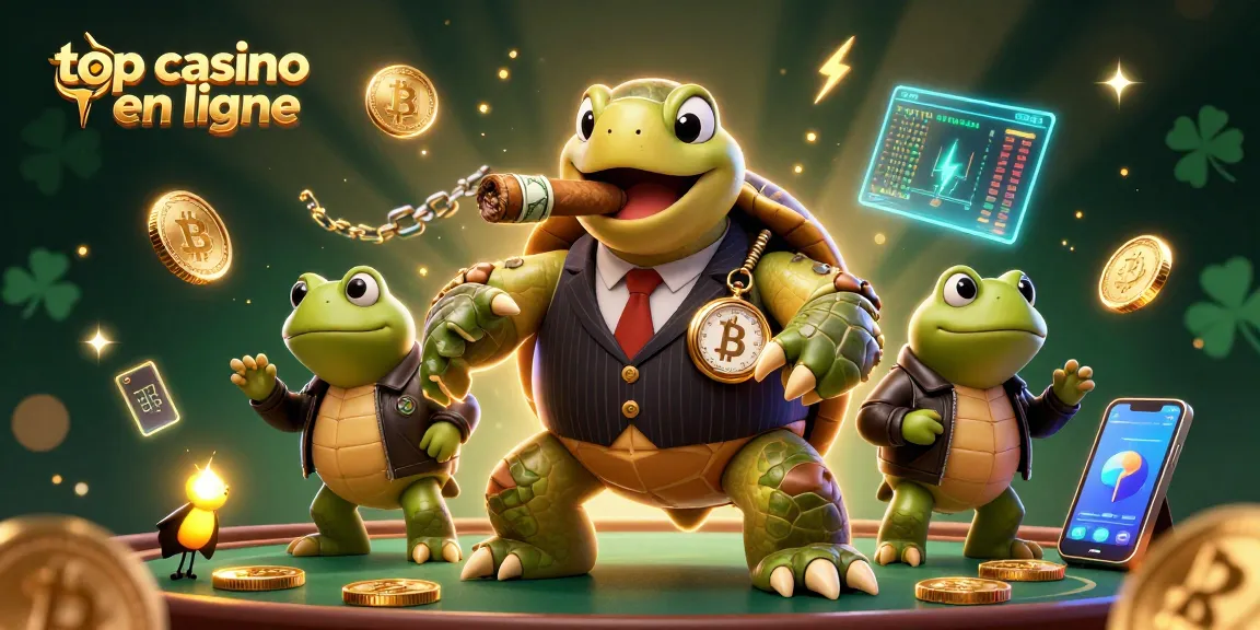 Jouer dans les meilleurs casinos en ligne avec une illustration dynamique de tortue et grenouilles.