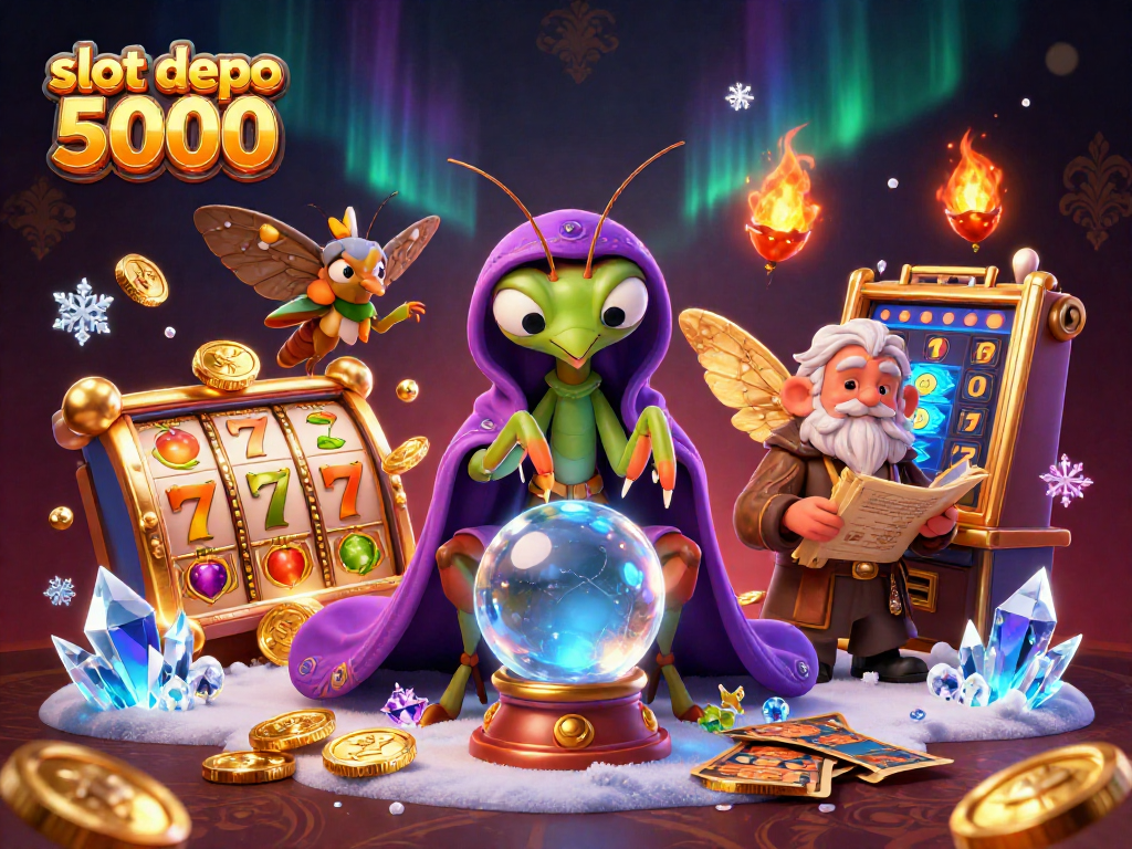 Engage with the enchanting world of slot depo 5000 through a vivid illustration showcasing thrilling slot reels and mystical characters.