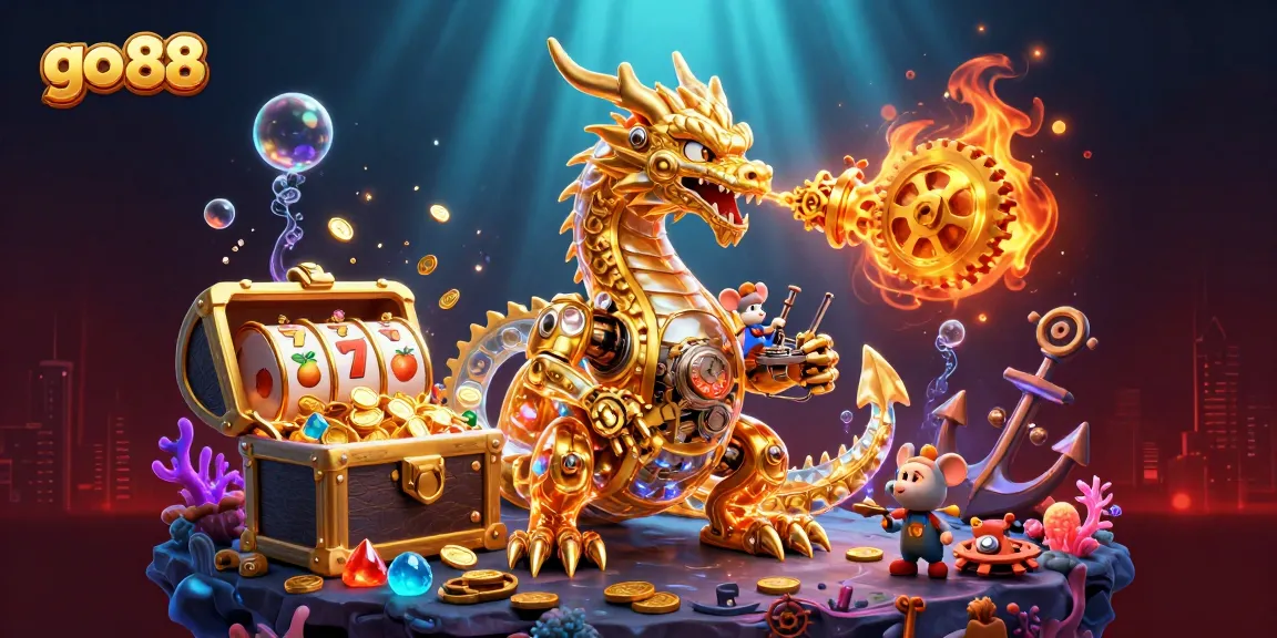 Experience the thrill of go 88 with dynamic casino scenes featuring golden dragon and slot elements.