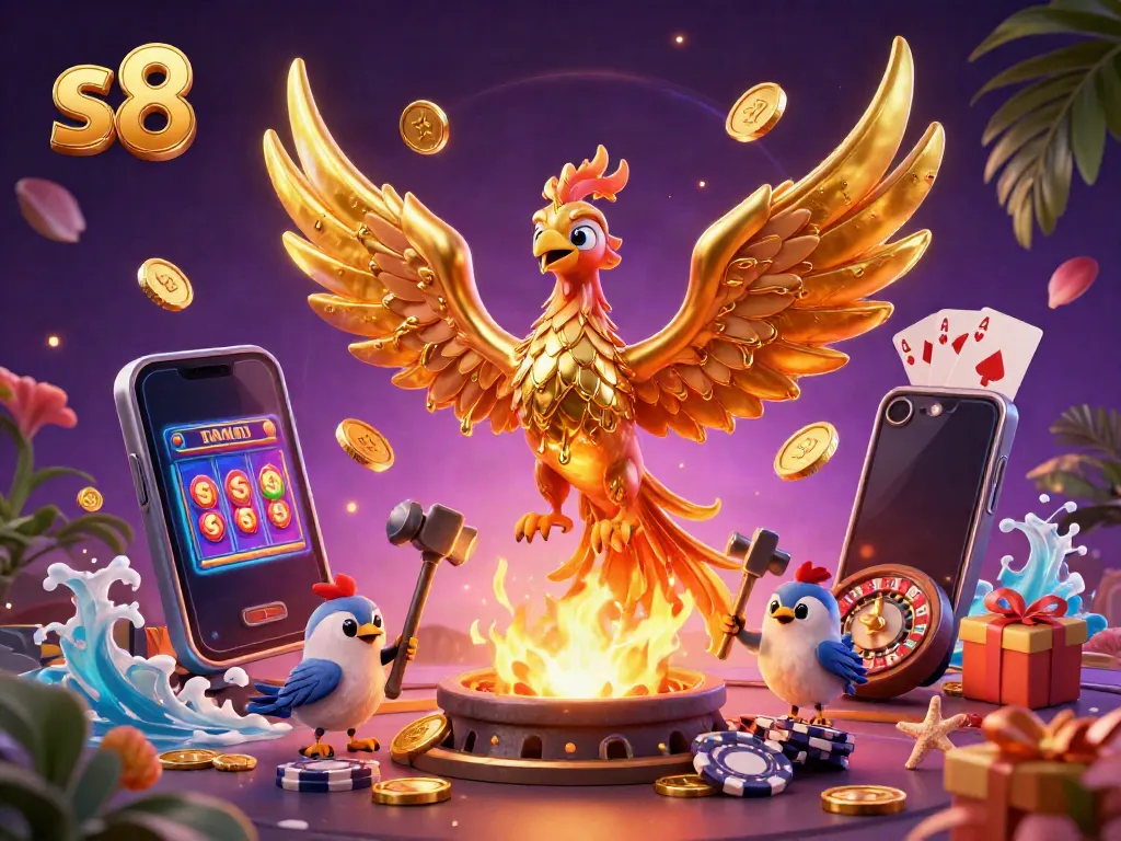 Experience the magic of s8 with a golden phoenix and dynamic casino elements in this vibrant illustration.
