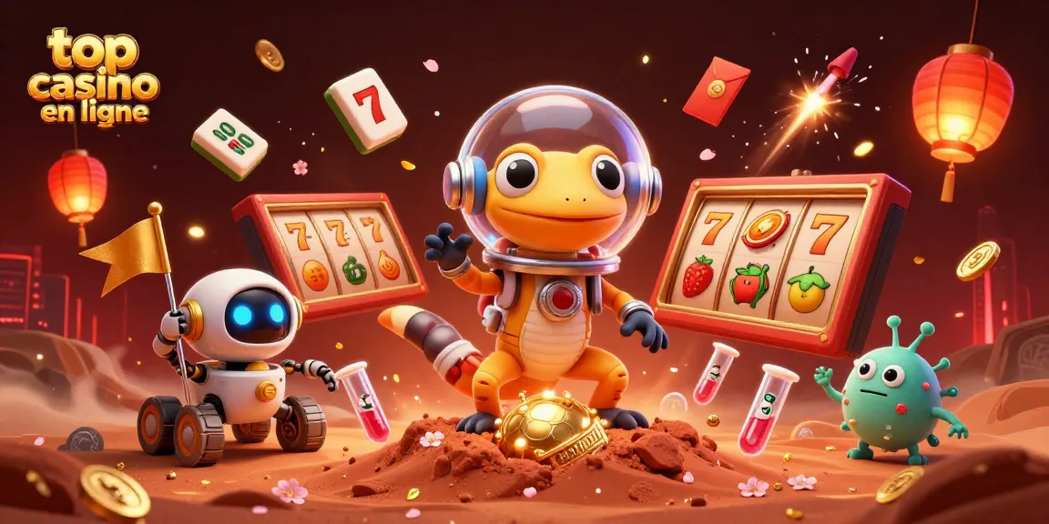 Plongez dans le top casino en ligne avec un gecko martien célébrant parmi des rouleaux de machine à sous et des lanternes