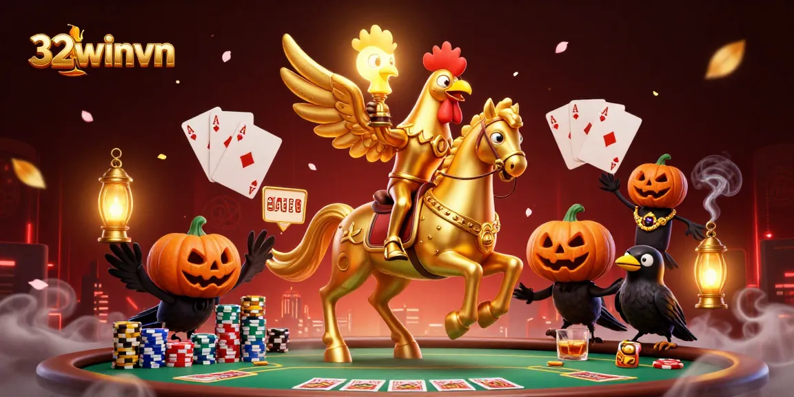 32winvn showcases a vibrant 3D illustration of a golden rooster and spectral horse in a dynamic casino scene, highlighting gambling action.