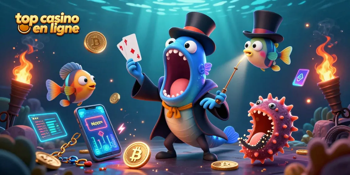 Illustration d'un top casino en ligne avec un poisson-lanterne et une anguille dans un spectacle de magie captivant.