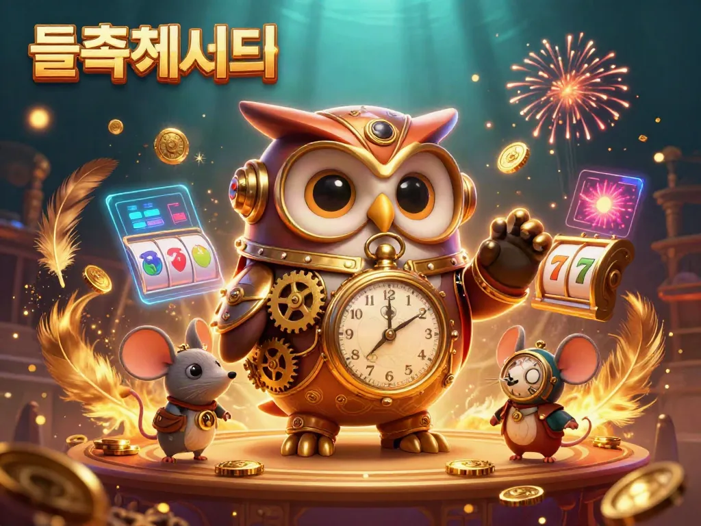 Experience thrilling gameplay with 슬롯사이트 as a whimsical time-traveling owl and clockwork mouse venture through a bustling casino world.