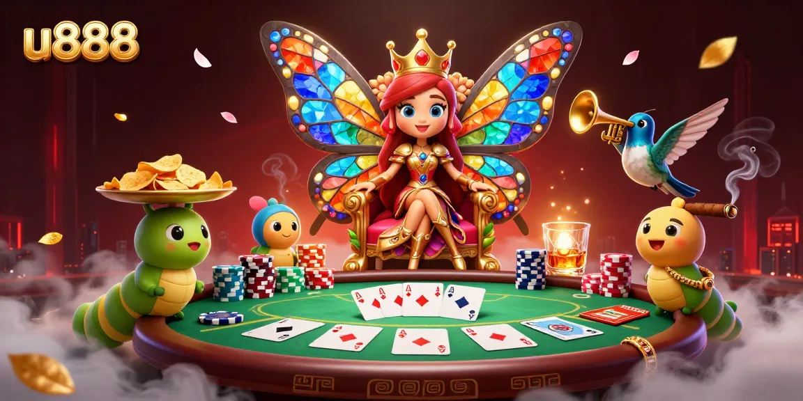Engage with the vibrant u888 scene featuring a butterfly queen amidst poker chips and cards.
