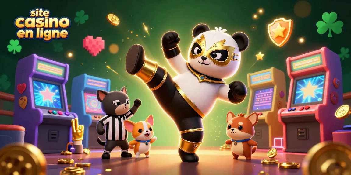 Une illustration d'un site casino en ligne mettant en scène un panda et un chihuahua dans une ambiance festive.