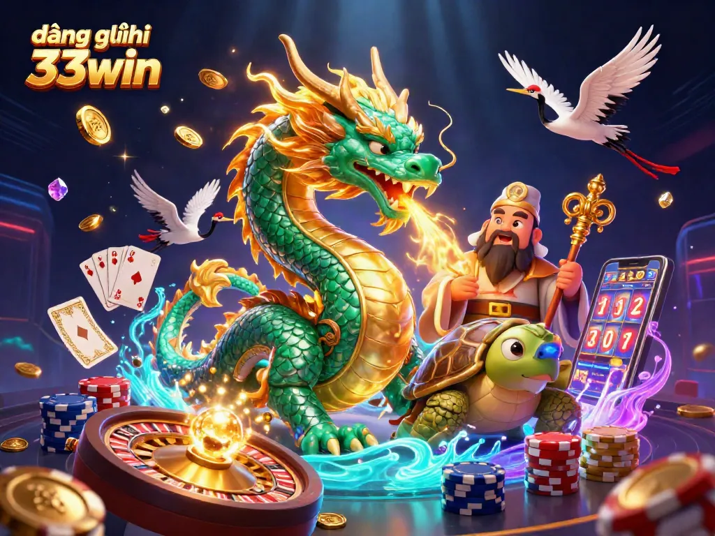 Engage with the vibrant world of đăng ký 33win, featuring a jade dragon and lucky symbols in a dynamic casino scene.