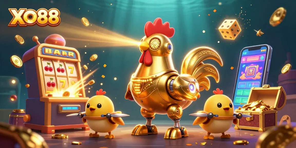 XO88 experience dynamic slots with a retro-futuristic golden rooster robot in an exciting casino scene.