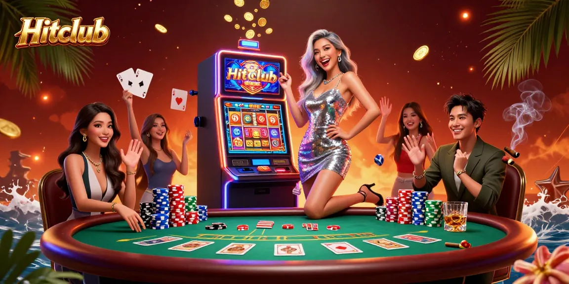 Hitclub features an exciting celebration with a stunning Asian woman at a slot machine amidst vibrant casino elements.