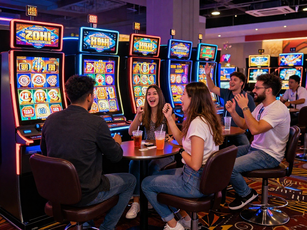 Group of friends celebrating wins at vibrant slot88 machines in a casino.