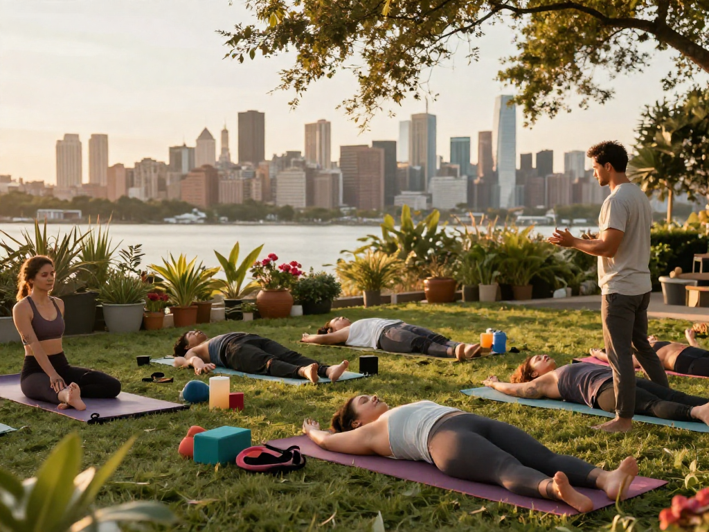 Group practicing yoga outdoors in a serene setting, showcasing Motchill's wellness community.