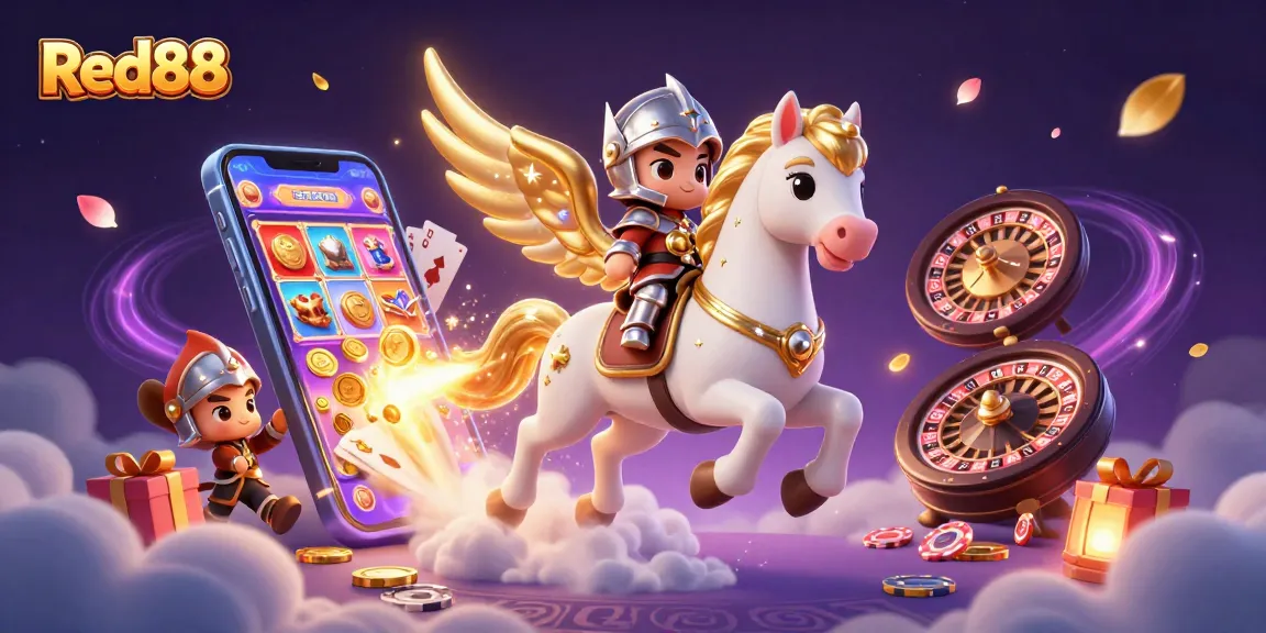 Red88 promotes excitement as a knight rides a celestial horse amidst vibrant casino games and golden treasures.