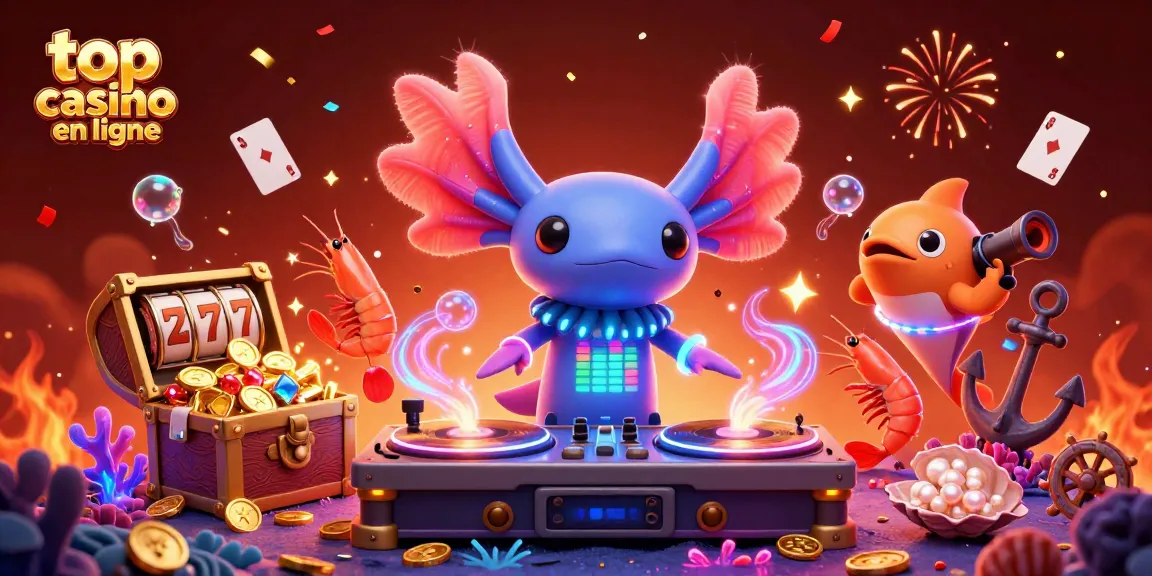 Célébrez votre aventure au top casino en ligne avec un DJ axolotl en 3D et des éléments ludiques sous-marins.
