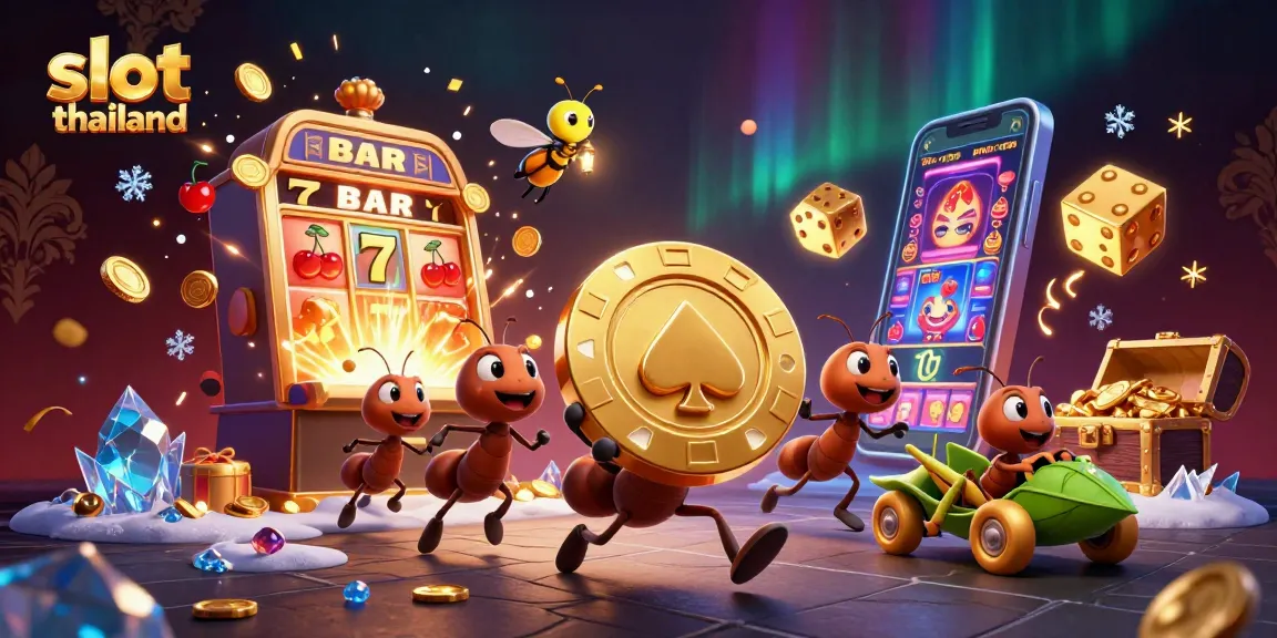 Spin slot thailand reels with animated 3D ants heisting a giant poker chip.