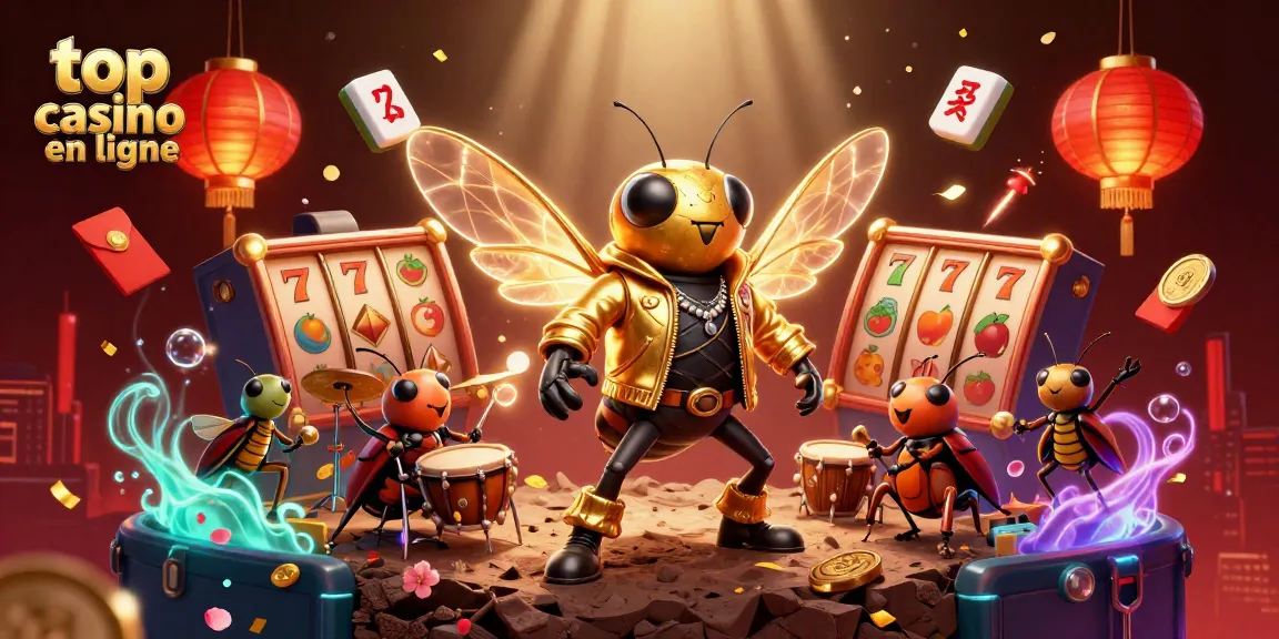 Scène vibrante de casino animée avec une rock star et des éléments de jeux, meilleur casino en ligne en évidence