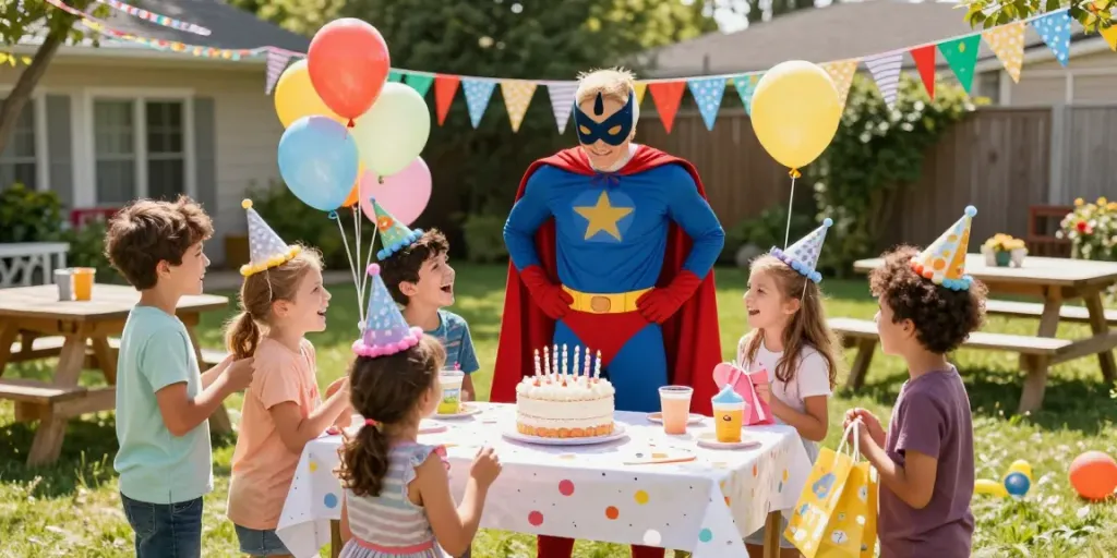 Party characters for hire bringing joy to children's birthday celebration with a superhero interacting with kids.