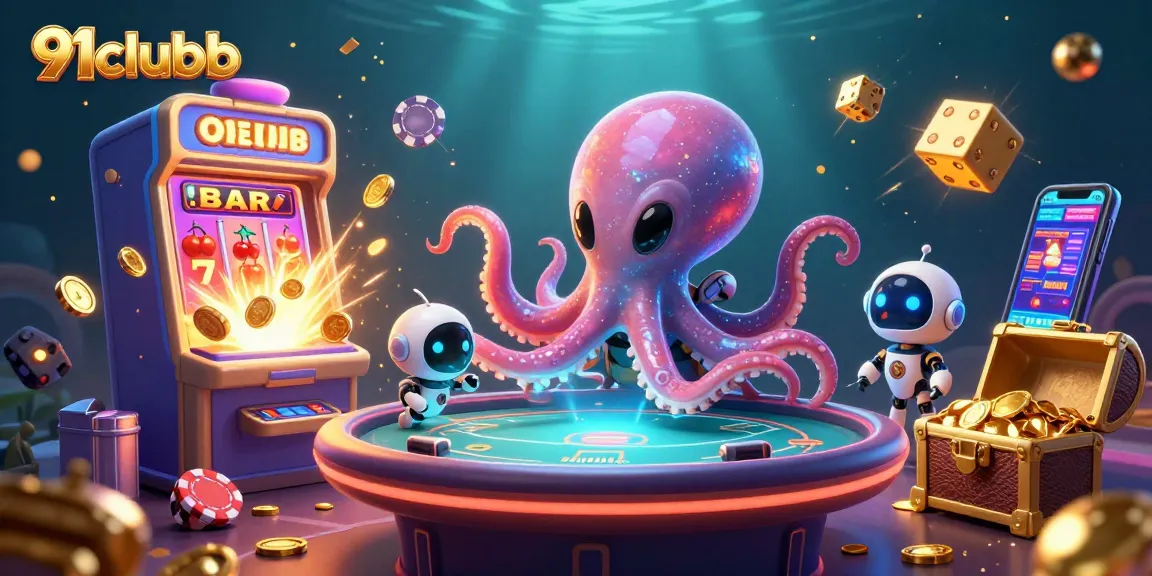 Experience thrilling gameplay with 91clubb as an alien octopus operates a poker table, surrounded by vibrant casino elements.