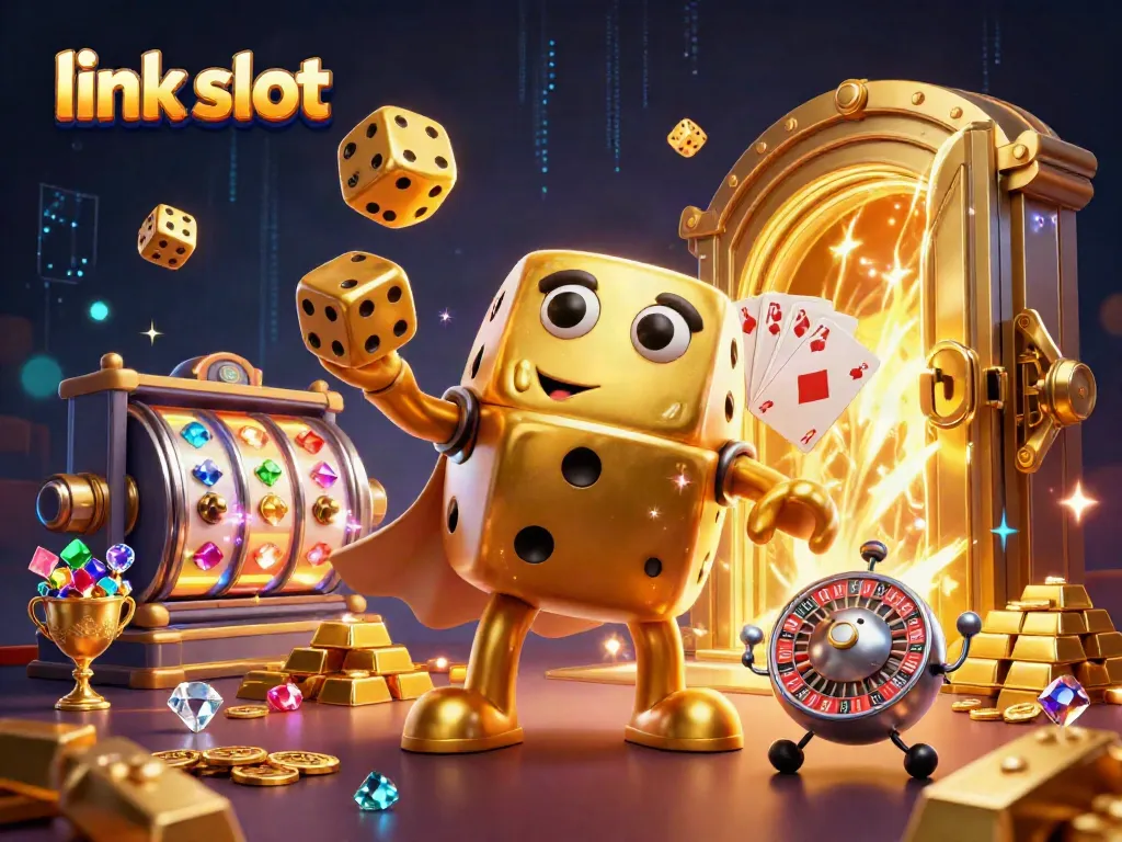 Spin to win with vibrant link slot characters in a rich 3D illustration full of treasures.