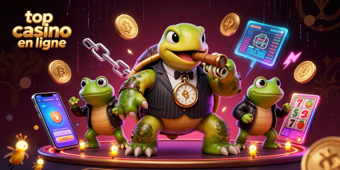 Gagnez avec les meilleurs casinos en ligne, illustration d'une tortue et ses gardes dans un casino vibrant.