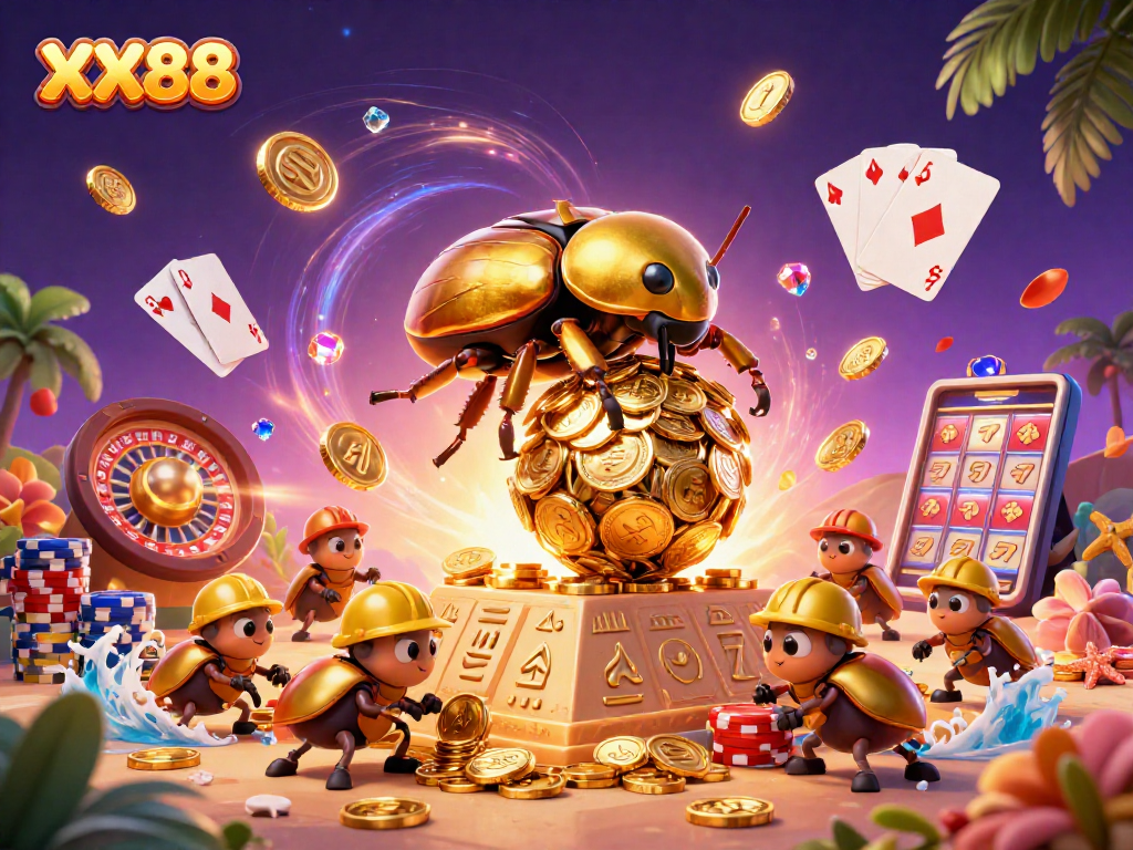 Join the thrill at XX88 with a massive golden beetle pushing coins up a pyramid, featuring magical casino elements.