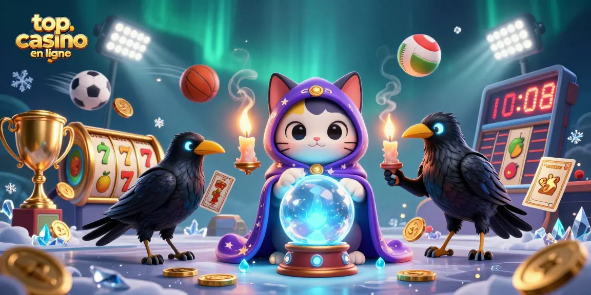 Vivez l'expérience du top casino en ligne avec un chat mystique et une corbeau tirant des cartes.