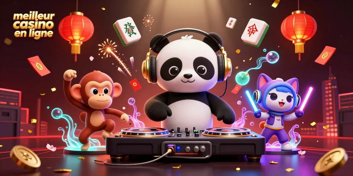 Visuel dynamique avec DJ panda et des éléments de jeux mettant en avant le meilleur casino en ligne.