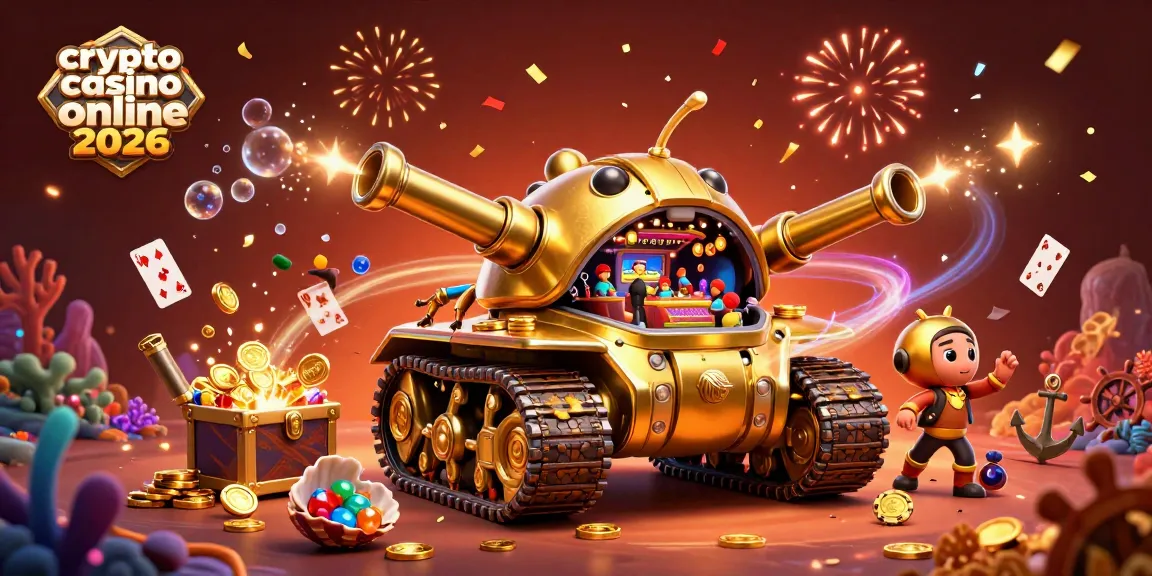 Scopri il crypto casino online 2026 con una festosa illustrazione di un casinò in miniatura all'interno di un carro armato.