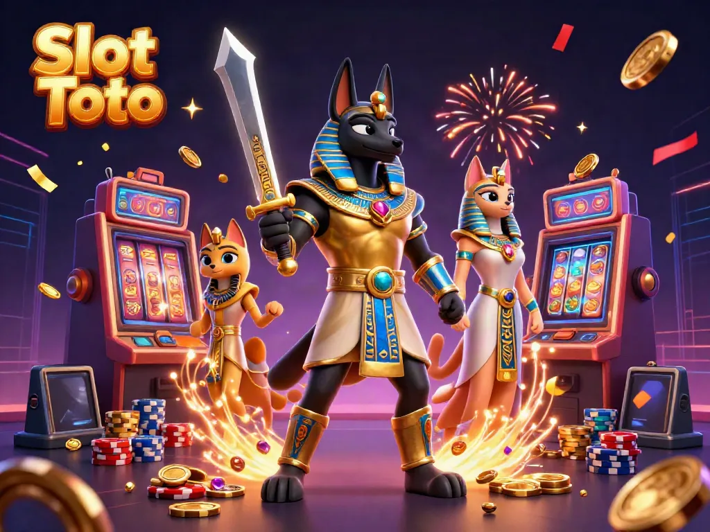 Memenangkan Slot Toto dengan gambar Anubis dan Bastet di kasino yang dipenuhi simbol keberuntungan.