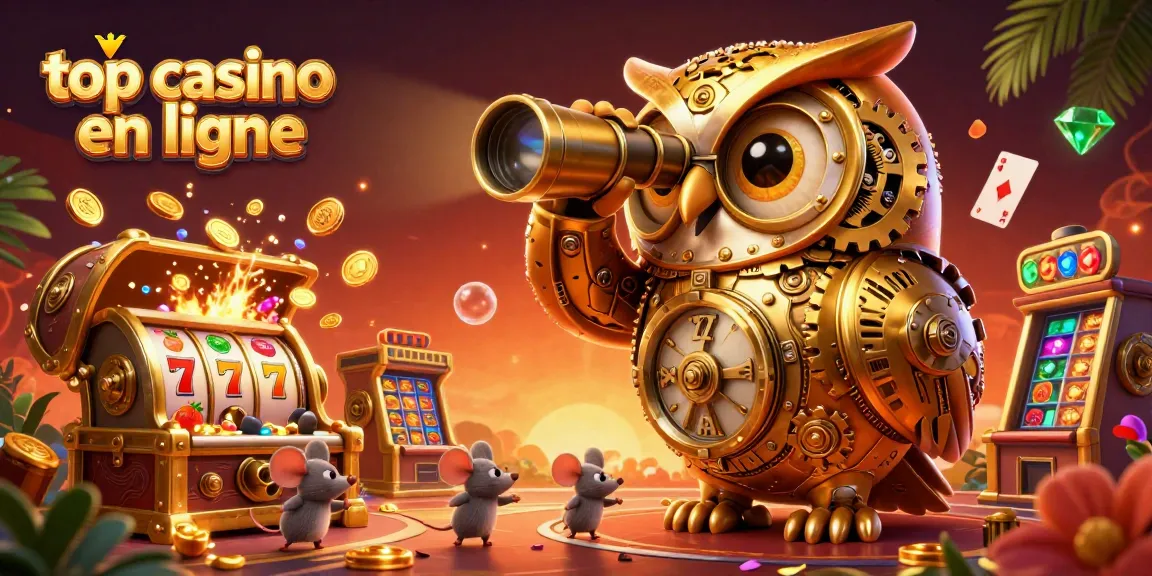 Visuel captivant du top casino en ligne illustrant un hibou doré sur un sol de casino, avec des machines à sous luxuriantes.