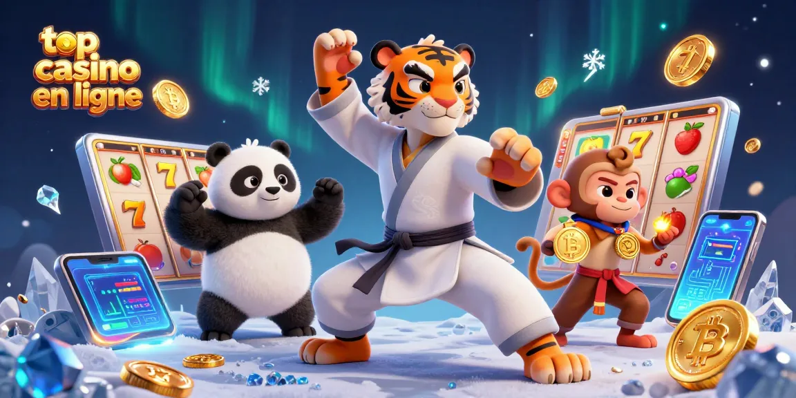 Jouez dans les meilleurs casinos en ligne avec un maître Kung Fu tigre et des symboles de jeu.