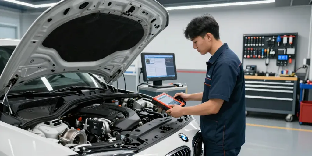 Professional BMW workshop with skilled technician diagnosing engine, showcasing bmw werkstatt hannover expertise.
